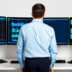 A professional male software engineer in a modest collared shirt and professional trousers, intently looking at multiple computer monitors displaying complex code and error messages. He exhibits a focused yet slightly frustrated expression, troubleshooting a CI/CD pipeline failure in a modern, well-lit tech office environment, emphasizing the challenges of dependency management. Fully clothed, appropriate attire, safe for work, professional, perfect anatomy, correct proportions, natural pose, well-formed hands, proper finger count, natural body proportions, high quality, professional photography, appropriate content, family-friendly.