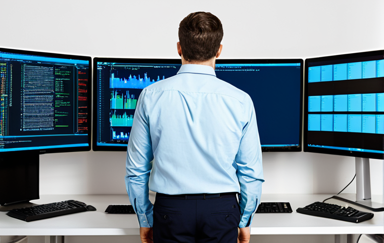 A professional male software engineer in a modest collared shirt and professional trousers, intently looking at multiple computer monitors displaying complex code and error messages. He exhibits a focused yet slightly frustrated expression, troubleshooting a CI/CD pipeline failure in a modern, well-lit tech office environment, emphasizing the challenges of dependency management. Fully clothed, appropriate attire, safe for work, professional, perfect anatomy, correct proportions, natural pose, well-formed hands, proper finger count, natural body proportions, high quality, professional photography, appropriate content, family-friendly.