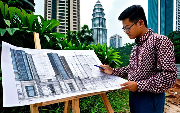 **
"A professional Malaysian architect, fully clothed in a modest batik shirt and smart trousers, reviewing blueprints on a construction site in Kuala Lumpur. Background includes modern skyscrapers and lush greenery. Safe for work, appropriate content, perfect anatomy, natural pose, professional, family-friendly, high quality."
**