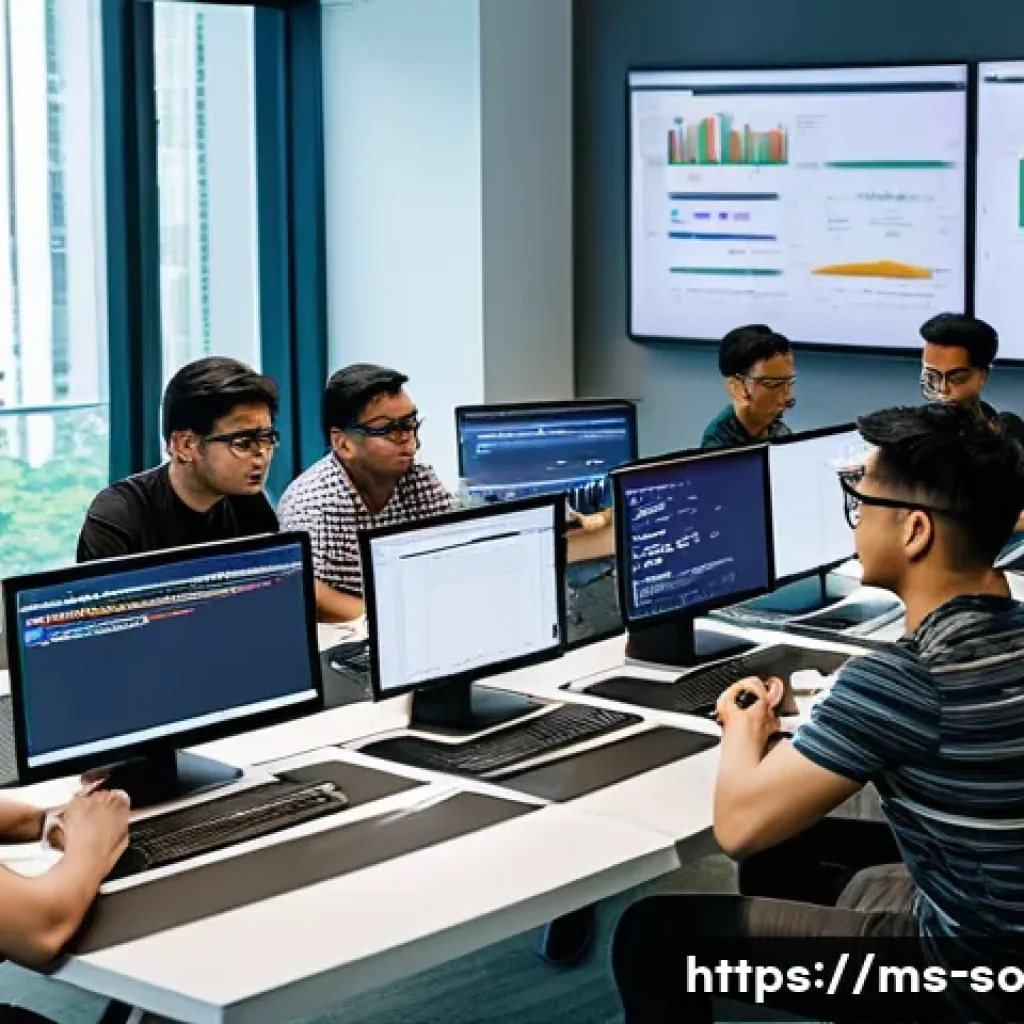CI CD 파이프라인에서의 API 테스트 자동화 - A modern software development team in a Malaysian office environment collaborating around a large ta...