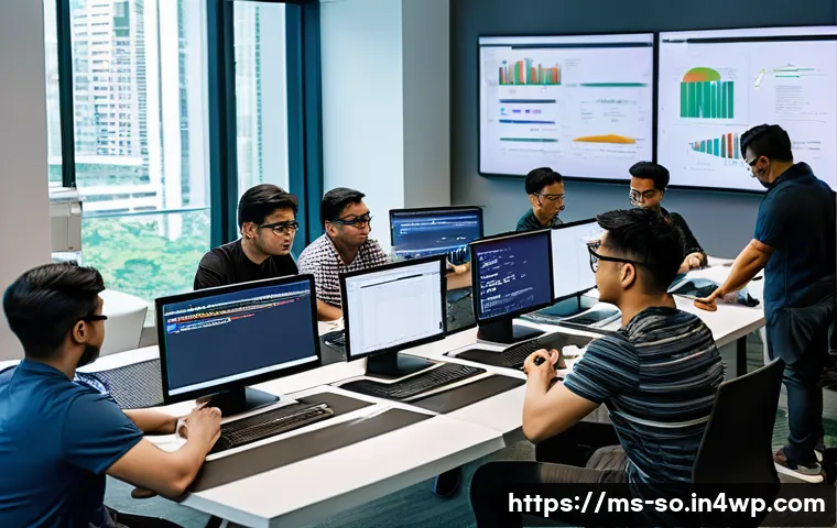 CI CD 파이프라인에서의 API 테스트 자동화 - A modern software development team in a Malaysian office environment collaborating around a large ta...